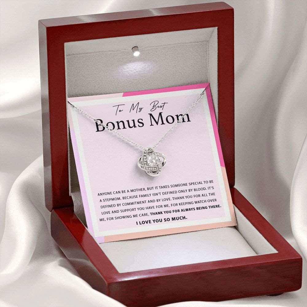 My Best Bonus Mom Necklace - Anyone can be a mother 14K White Gold Finish / Mahogany Box w/LED Jewelry Giftinum