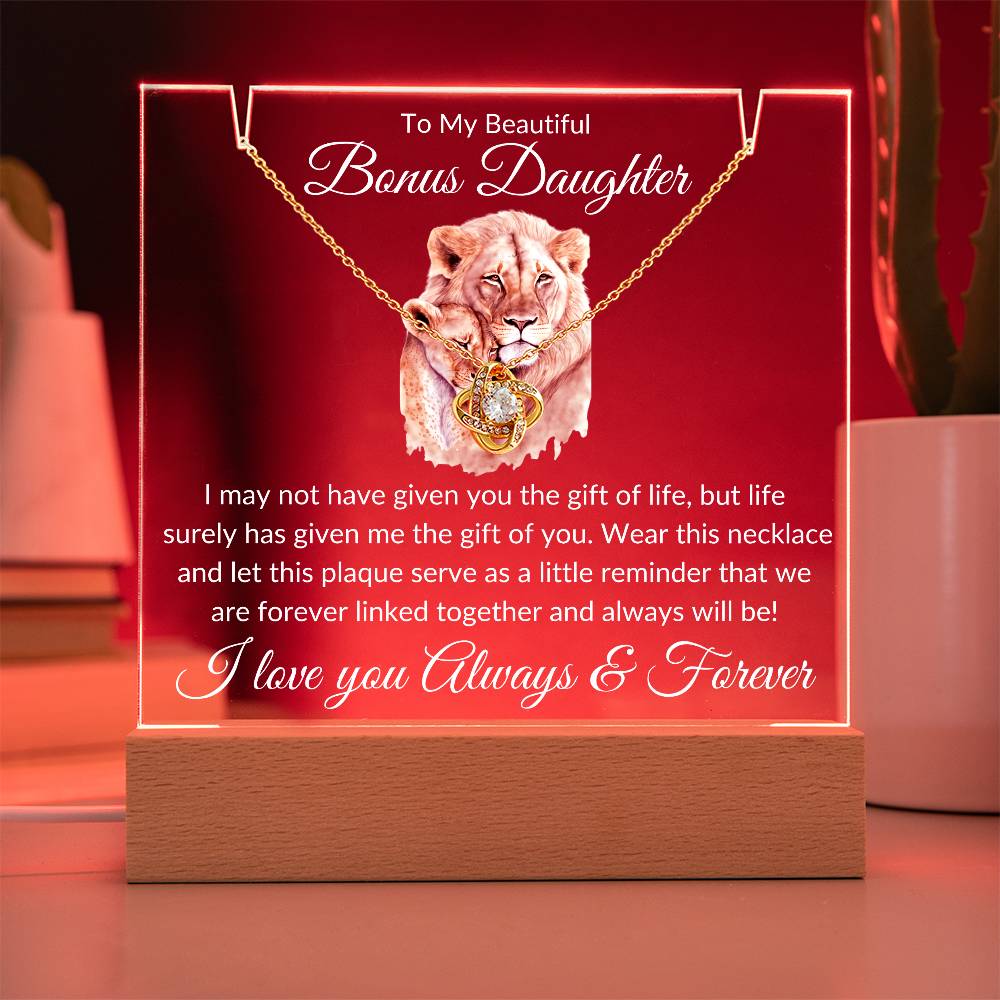 Bonus Daughter Acrylic Plaque & Necklace Gift Bundle LED Corded Base / 14K White Gold Finish Acrylic Giftinum