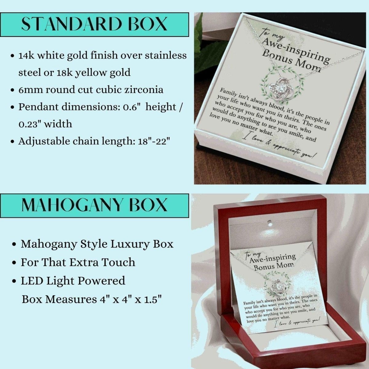 Awe-Inspiring Bonus Mom - Family isn't always blood 14K White Gold Finish / Two-Toned Box Jewelry Giftinum
