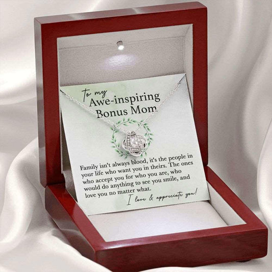 Awe-Inspiring Bonus Mom - Family isn't always blood 14K White Gold Finish / Mahogany Box w/LED Jewelry Giftinum