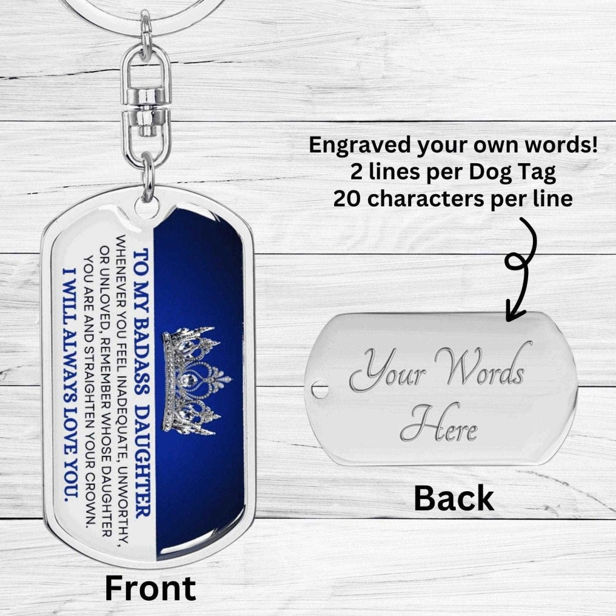 Badass Daughter Keychain - Straighten your crown Dog Tag with Swivel Keychain (Steel) / Yes Jewelry Giftinum