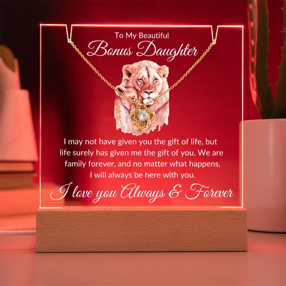 Bonus Daughter Acrylic Plaque & Necklace Gift Bundle LED Corded Base / 14K White Gold Finish Acrylic Giftinum