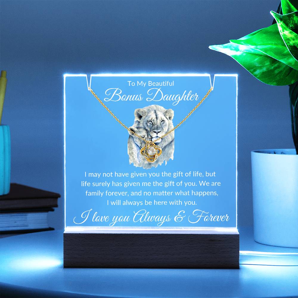 Bonus Daughter Acrylic Plaque & Necklace Gift Bundle LED Corded Base / 14K White Gold Finish Acrylic Giftinum
