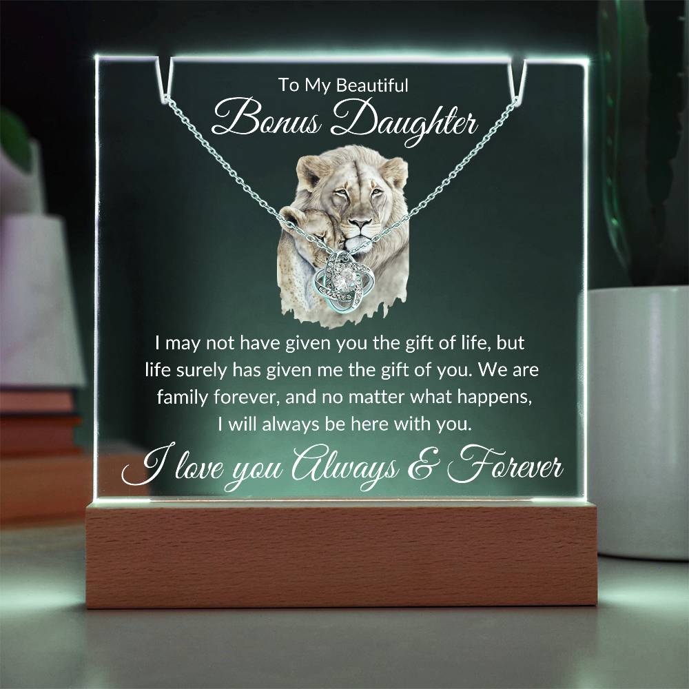 Bonus Daughter Acrylic Plaque & Necklace Gift Bundle LED Corded Base / 14K White Gold Finish Acrylic Giftinum