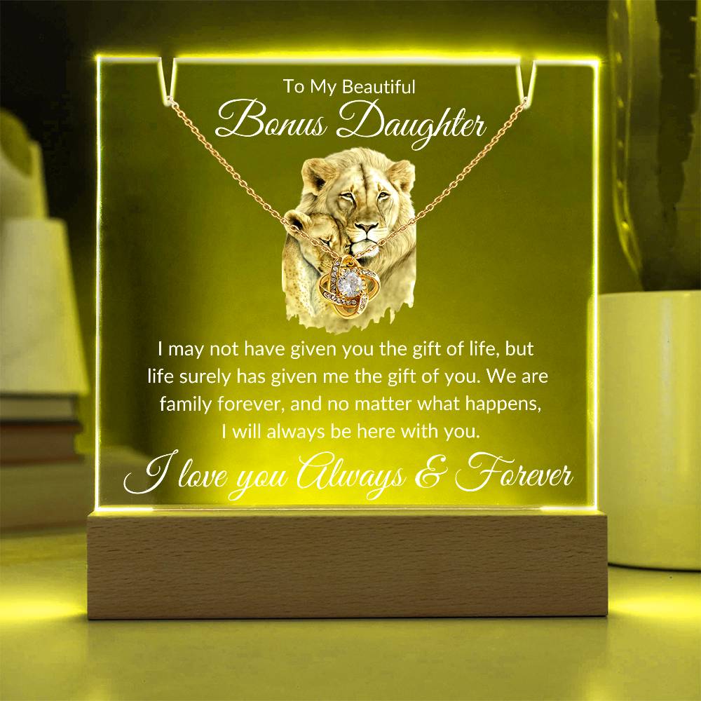 Bonus Daughter Acrylic Plaque & Necklace Gift Bundle LED Corded Base / 14K White Gold Finish Acrylic Giftinum