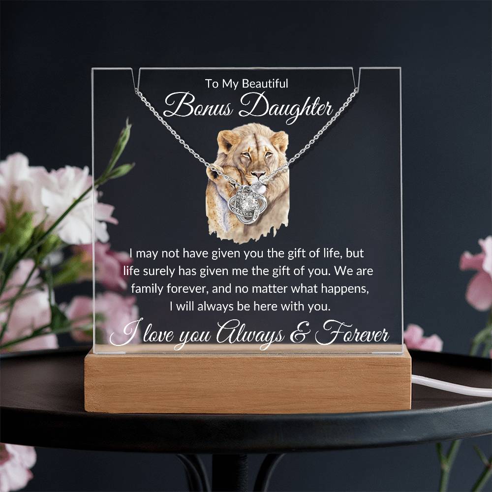 Bonus Daughter Acrylic Plaque & Necklace Gift Bundle LED Corded Base / 14K White Gold Finish Acrylic Giftinum
