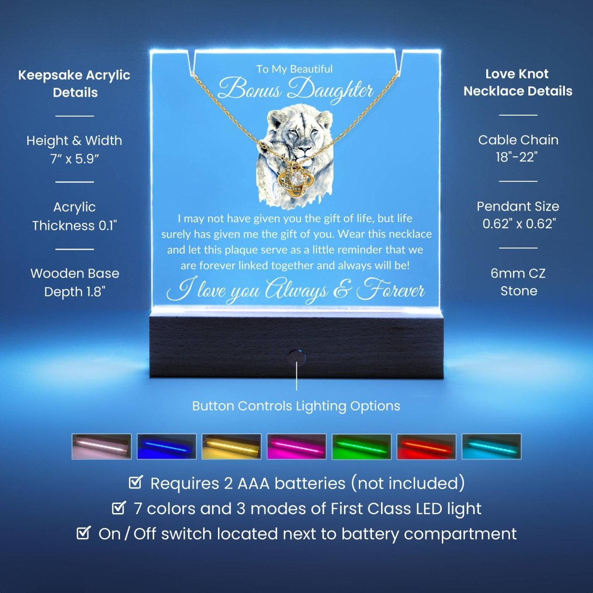 Bonus Daughter Acrylic Plaque & Necklace Gift Bundle LED Corded Base / 14K White Gold Finish Acrylic Giftinum