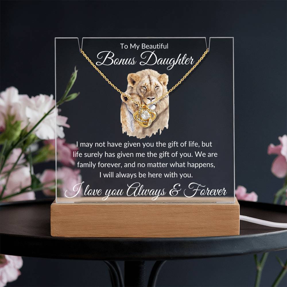 Bonus Daughter Acrylic Plaque & Necklace Gift Bundle LED Battery Powered Base / 18K Yellow Gold Finish Acrylic Giftinum