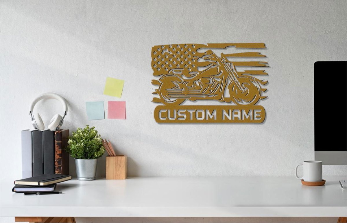 Custom Metal Biker Sign with American Flag Detail Gold / 12" Die-Cut Sign Giftinum