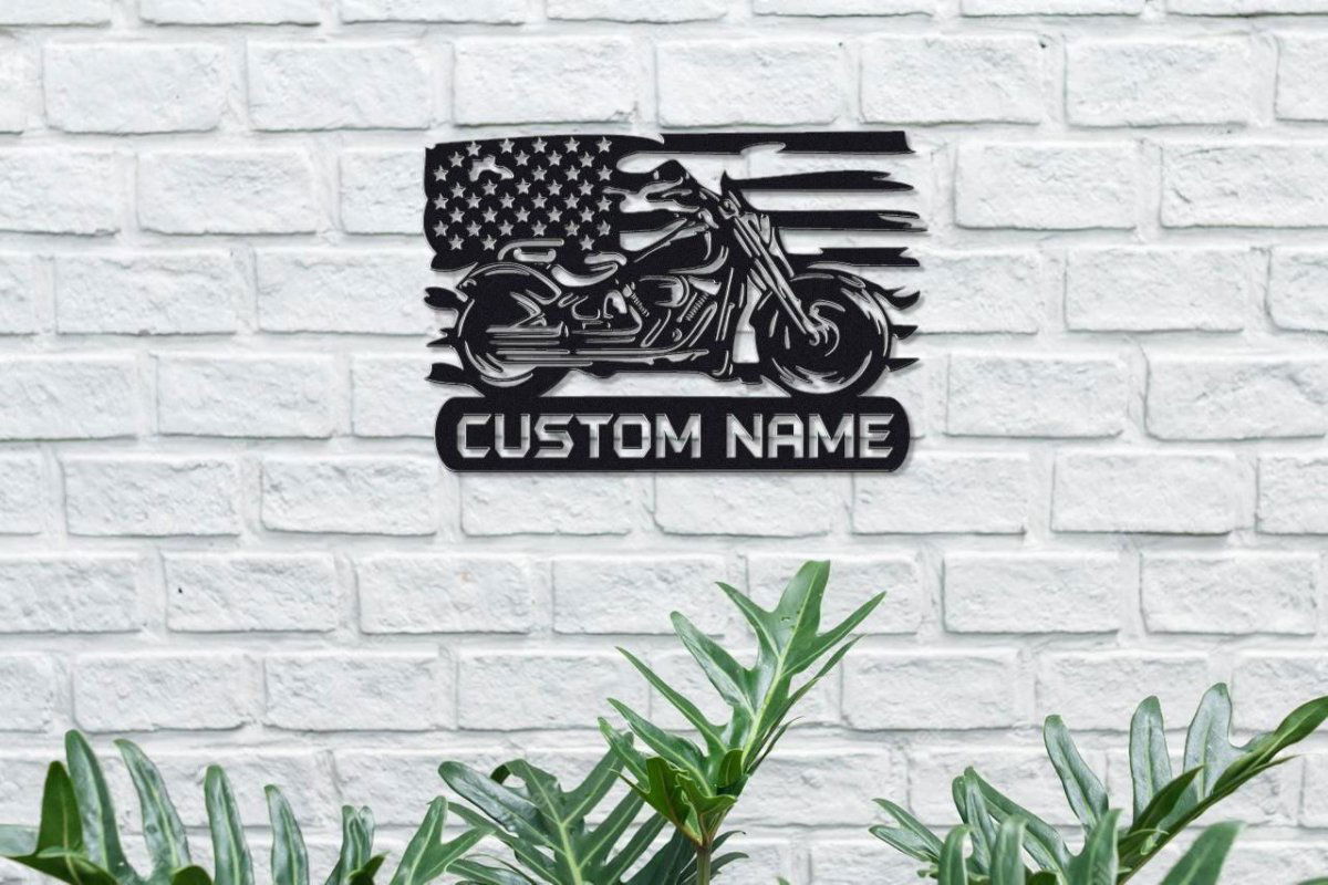 Custom Metal Biker Sign with American Flag Detail Black / 12" Die-Cut Sign Giftinum
