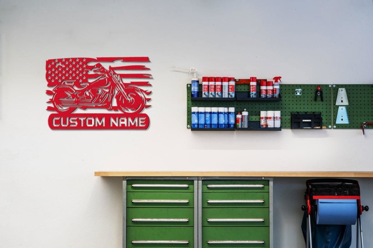 Custom Metal Biker Sign with American Flag Detail Red / 12" Die-Cut Sign Giftinum