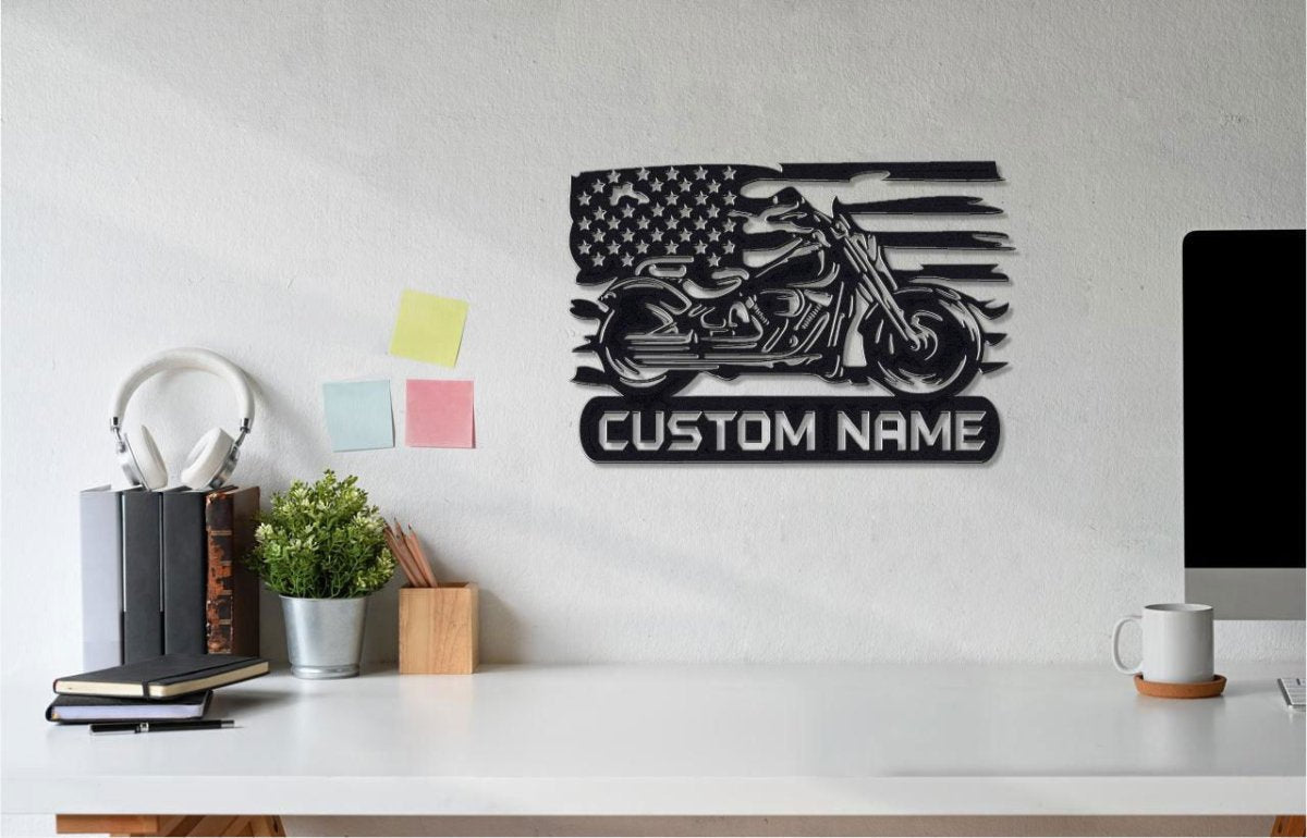 Custom Metal Biker Sign with American Flag Detail Black / 12" Die-Cut Sign Giftinum