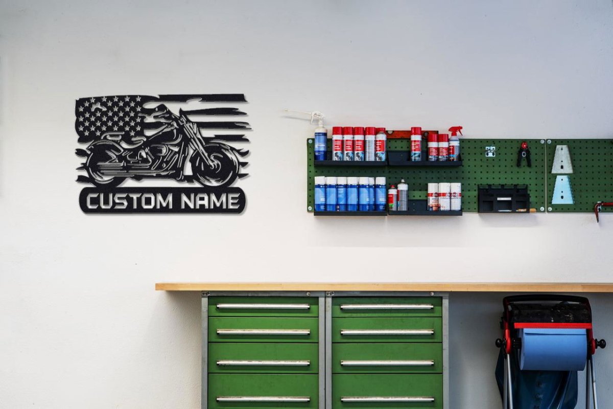 Custom Metal Biker Sign with American Flag Detail Black / 12" Die-Cut Sign Giftinum