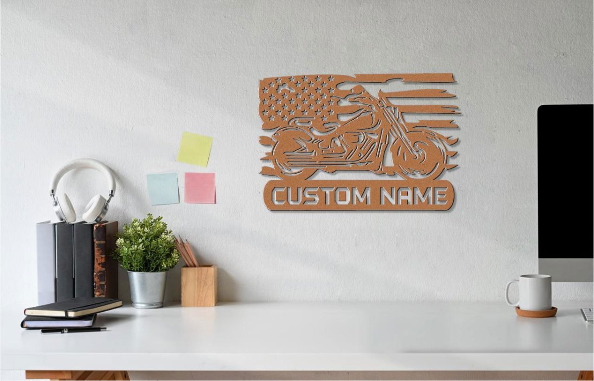 Custom Metal Biker Sign with American Flag Detail Black / 12" Die-Cut Sign Giftinum