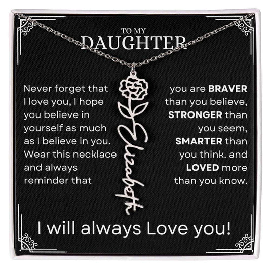 Daughter Birth Flower Name Necklace - Never forget Polished Stainless Steel / Standard Box / January Jewelry Giftinum