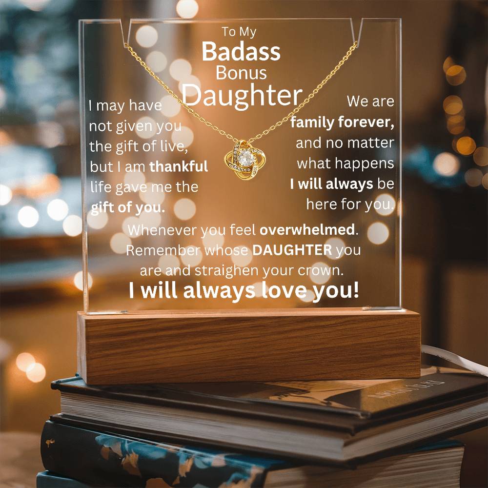 Gift of You Acrylic and Necklace Bundle - Badass Bonus Daughter Gift LED Corded Base / 14K White Gold Finish Acrylic Giftinum