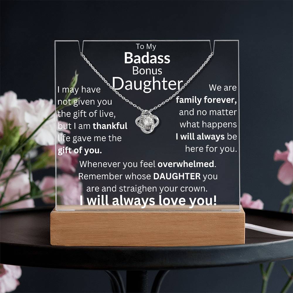 Gift of You Acrylic and Necklace Bundle - Badass Bonus Daughter Gift LED Corded Base / 14K White Gold Finish Acrylic Giftinum
