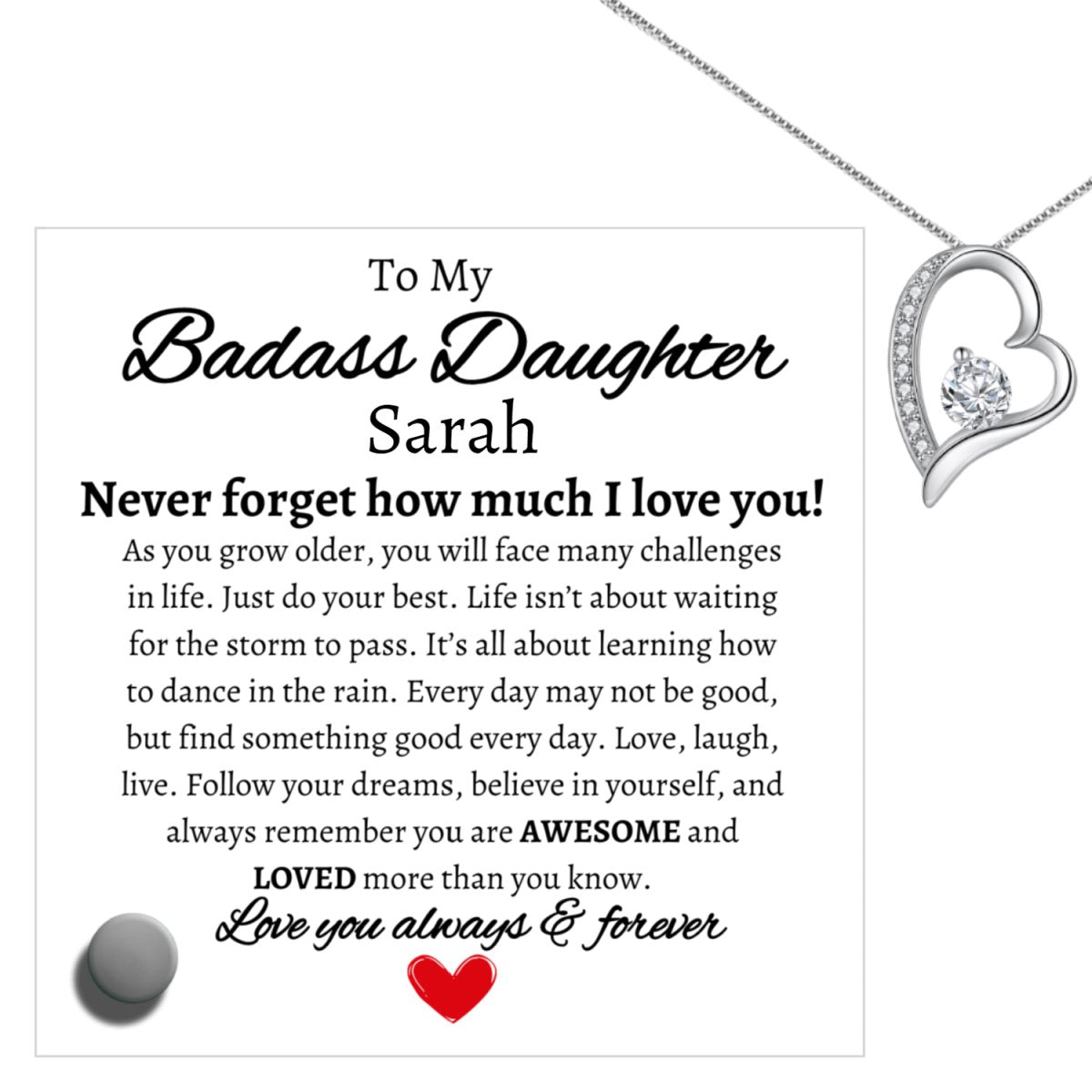 Personalized Badass Daughter Glass Display with Necklace | Never forget Eternal Heart & Message Plaque Giftinum