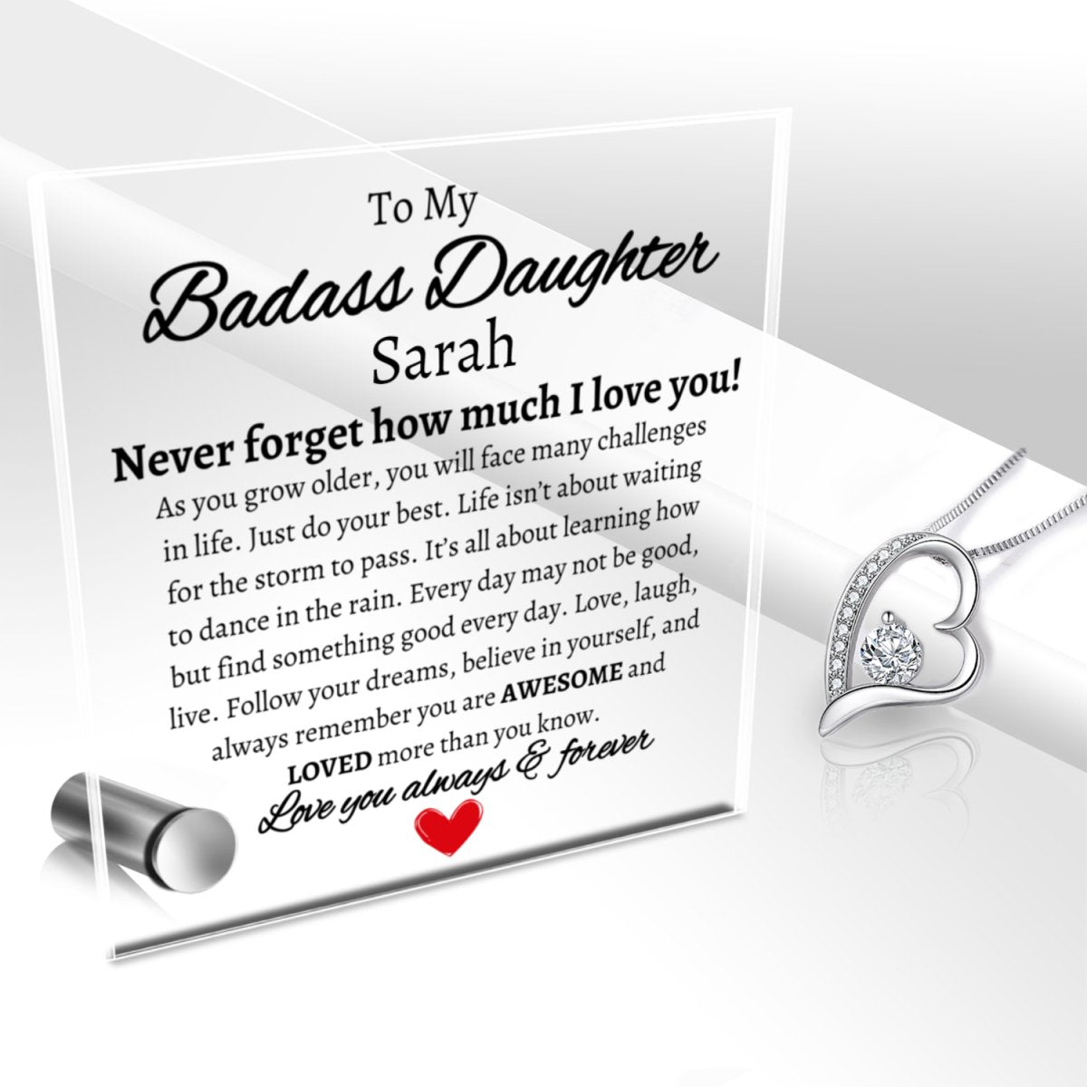 Personalized Badass Daughter Glass Display with Necklace | Never forget Eternal Heart & Message Plaque Giftinum