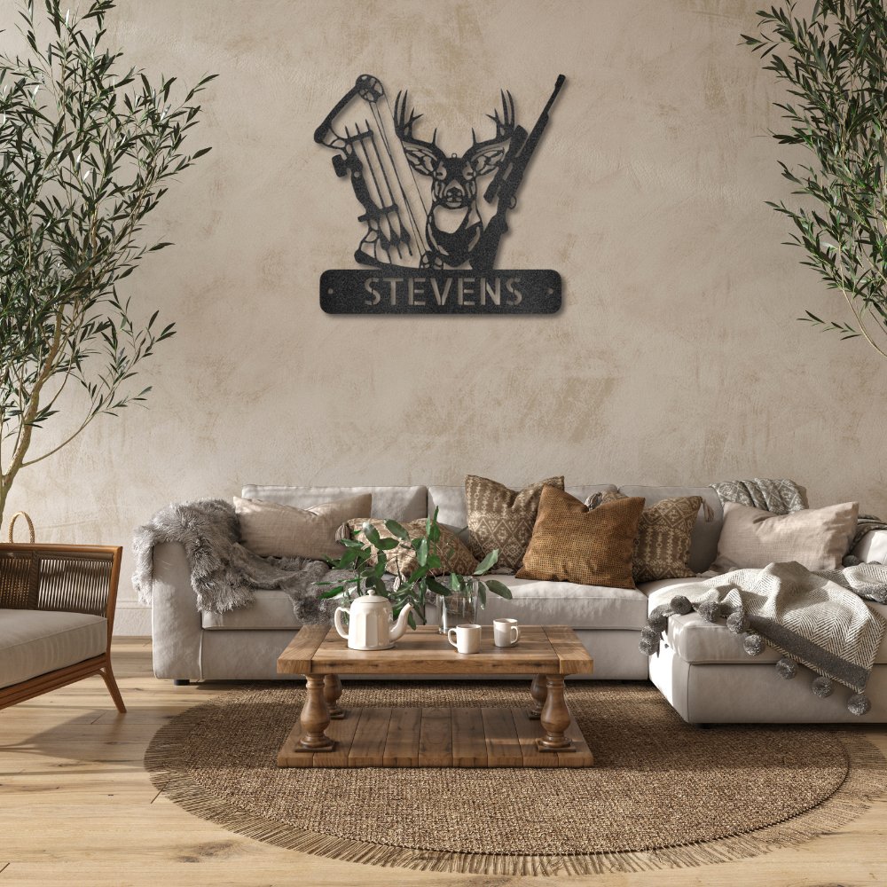 Premium Deer Hunter Monogram - Artisan Steel Wall Art Black / 12" Steel Sign Giftinum