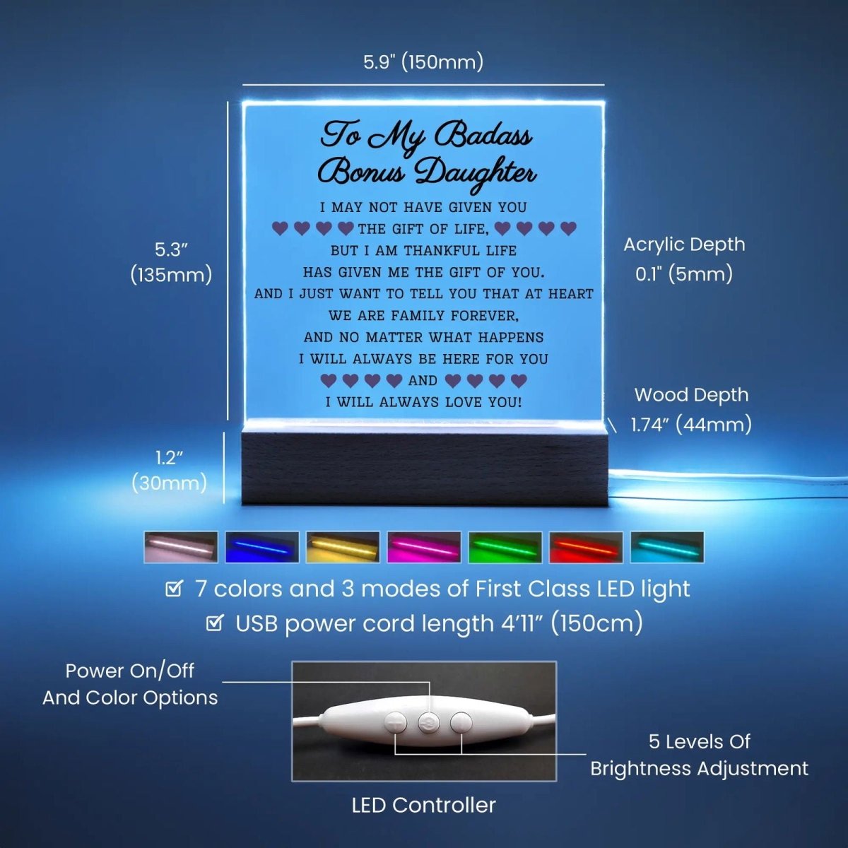 To My Badass Bonus Daughter | Acrylic Square Plaque LED Corded Base Acrylic Giftinum