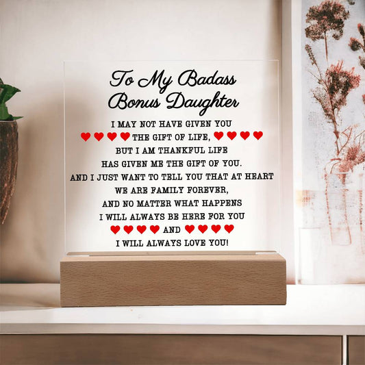 To My Badass Bonus Daughter | Square Acrylic Plaque (B) LED Corded Base Acrylic Giftinum