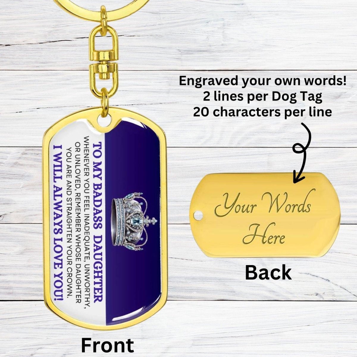 To My Badass Daughter Keychain Dog Tag with Swivel Keychain (Gold) / Yes Jewelry Giftinum