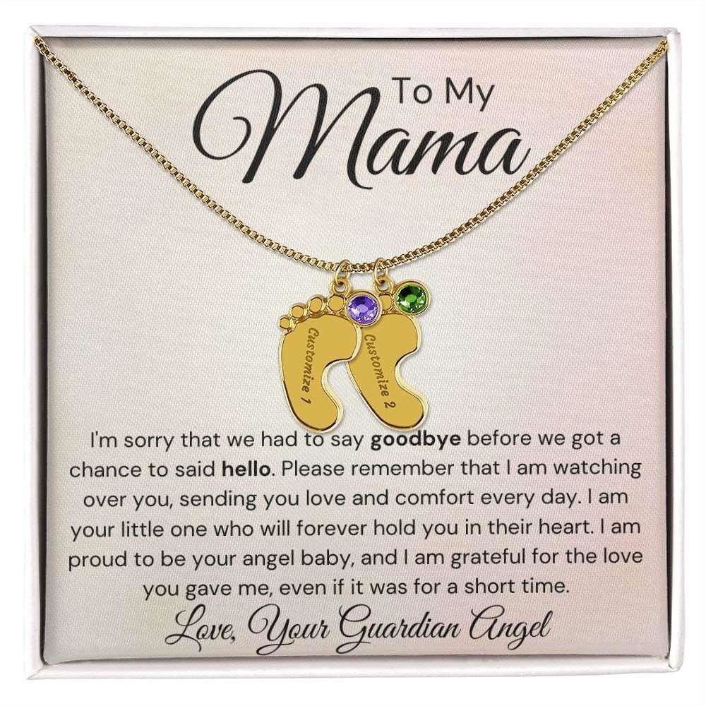 To My Mama Baby Feet Necklace - I'm sorry I had to say my goodbye 2 Charms / 18K Yellow Gold Finish / Standard Box Jewelry Giftinum