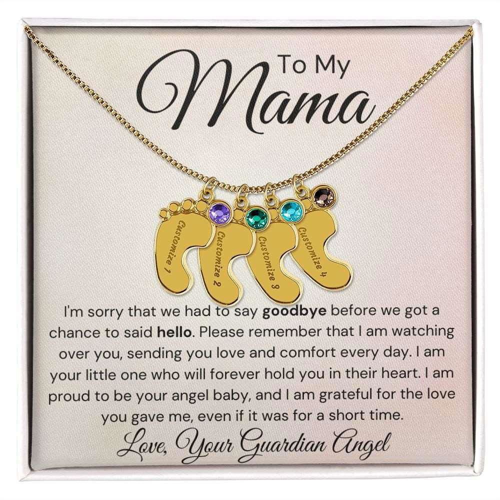 To My Mama Baby Feet Necklace - I'm sorry I had to say my goodbye 4 Charms / 18K Yellow Gold Finish / Standard Box Jewelry Giftinum