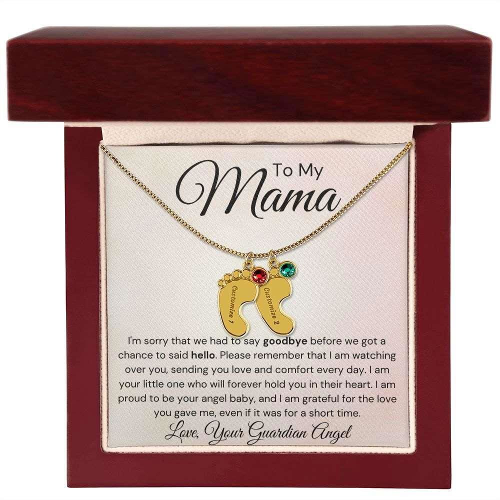 To My Mama Baby Feet Necklace - I'm sorry I had to say my goodbye 2 Charms / 18K Yellow Gold Finish / Luxury Box Jewelry Giftinum