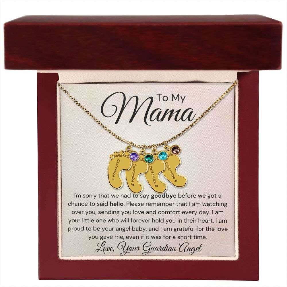 To My Mama Baby Feet Necklace - I'm sorry I had to say my goodbye 4 Charms / 18K Yellow Gold Finish / Luxury Box Jewelry Giftinum