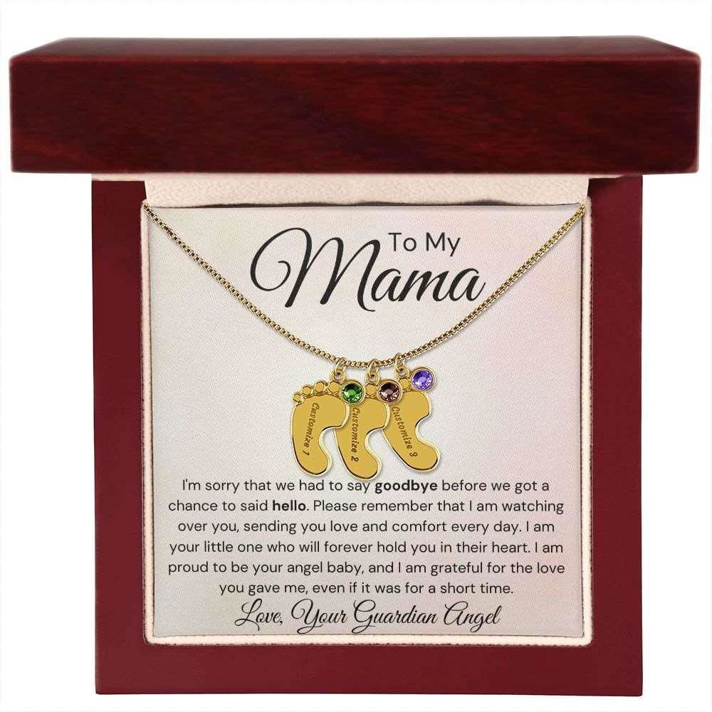 To My Mama Baby Feet Necklace - I'm sorry I had to say my goodbye 3 Charms / 18K Yellow Gold Finish / Luxury Box Jewelry Giftinum