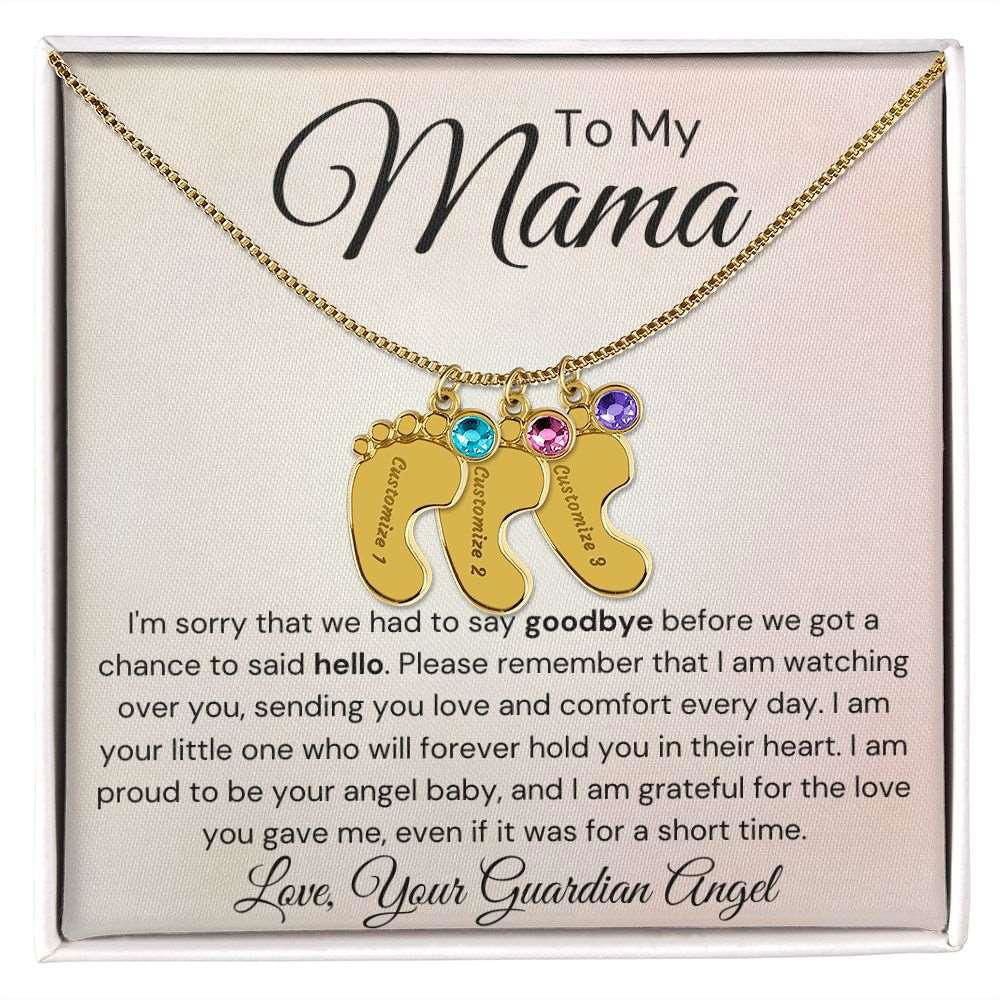 To My Mama Baby Feet Necklace - I'm sorry I had to say my goodbye 3 Charms / 18K Yellow Gold Finish / Standard Box Jewelry Giftinum