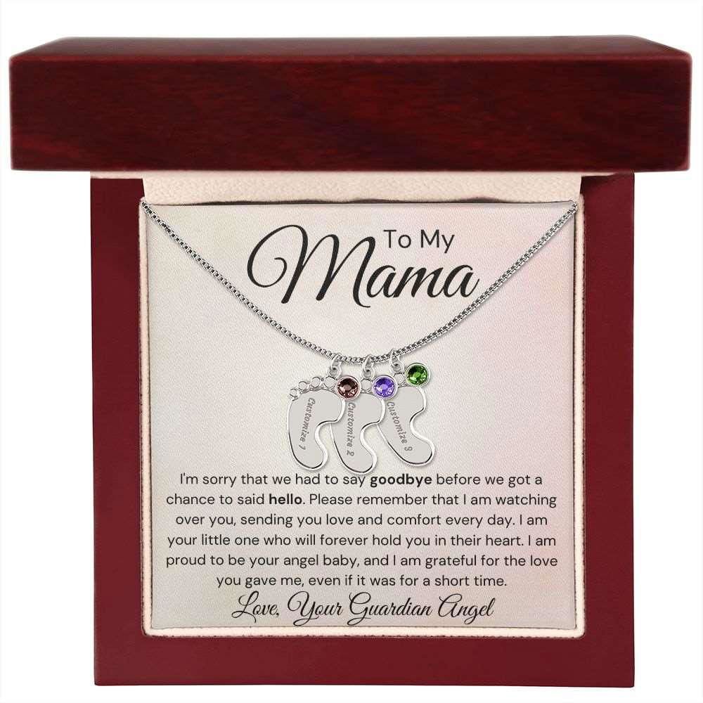 To My Mama Baby Feet Necklace - I'm sorry I had to say my goodbye 3 Charms / Polished Stainless Steel / Luxury Box Jewelry Giftinum