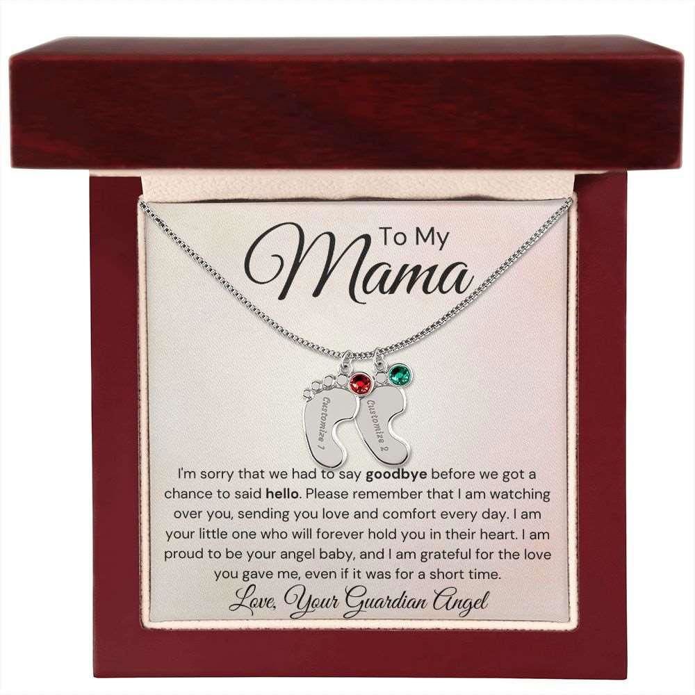 To My Mama Baby Feet Necklace - I'm sorry I had to say my goodbye 2 Charms / Polished Stainless Steel / Luxury Box Jewelry Giftinum