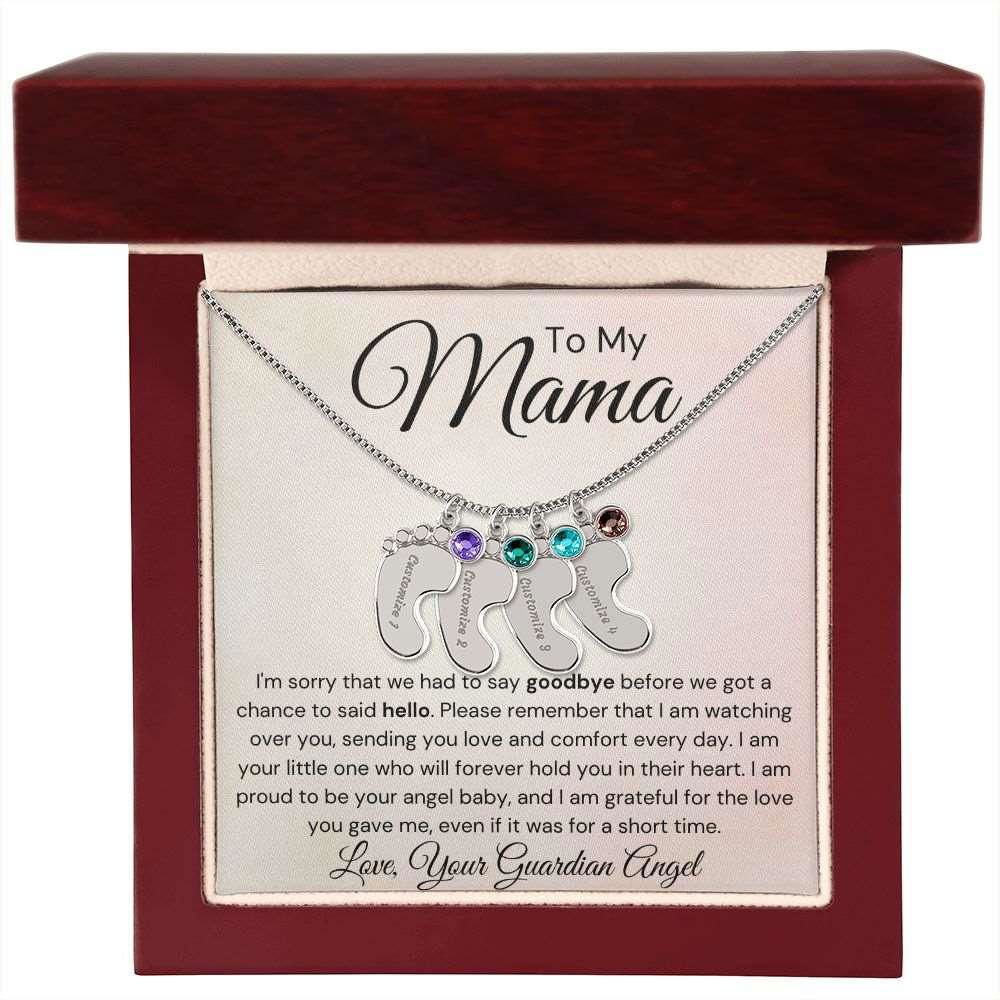 To My Mama Baby Feet Necklace - I'm sorry I had to say my goodbye 4 Charms / Polished Stainless Steel / Luxury Box Jewelry Giftinum