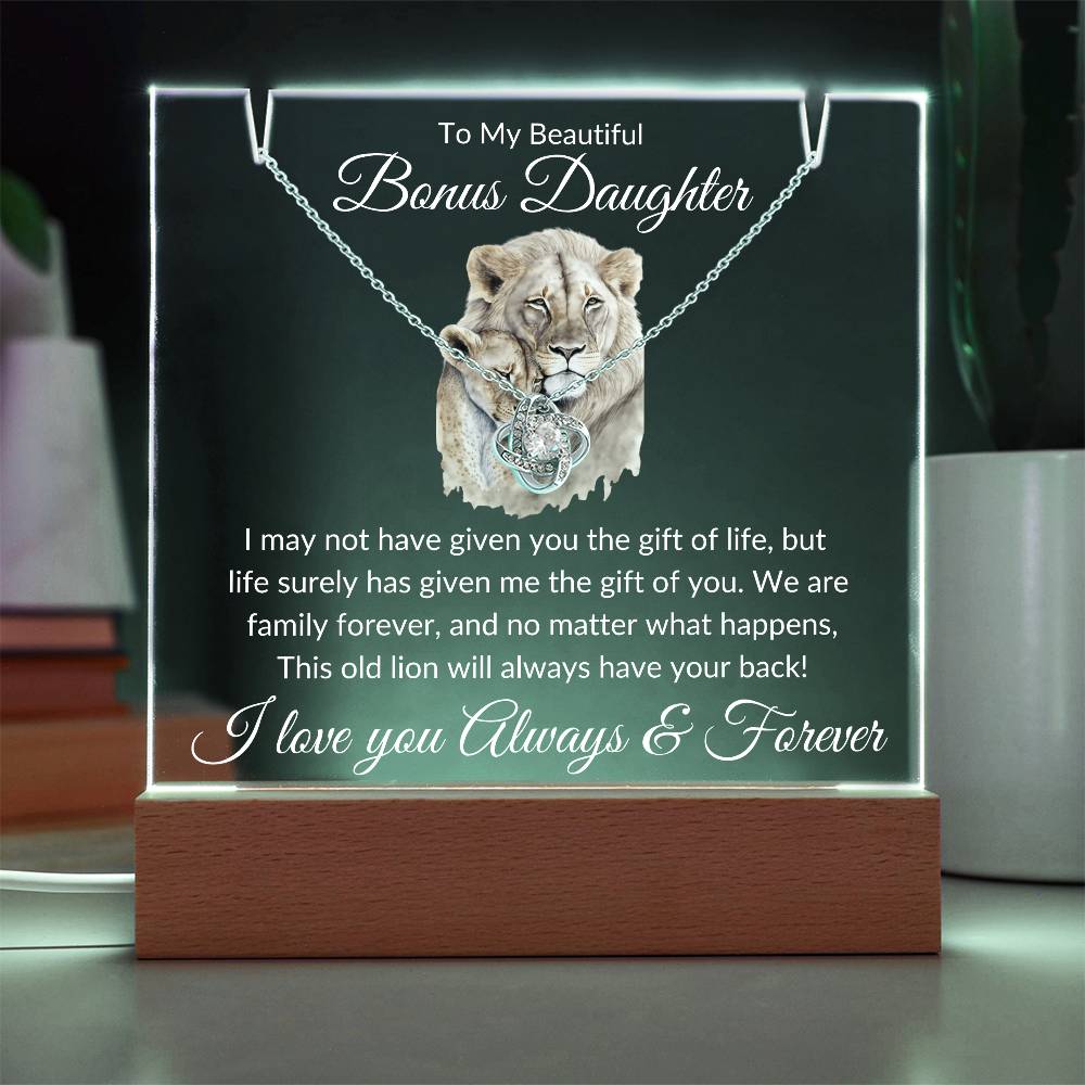 Unique Gift for Bonus Daughter - This Old Lion Acrylic Plaque Bundle LED Corded Base / 14K White Gold Finish Jewelry Giftinum
