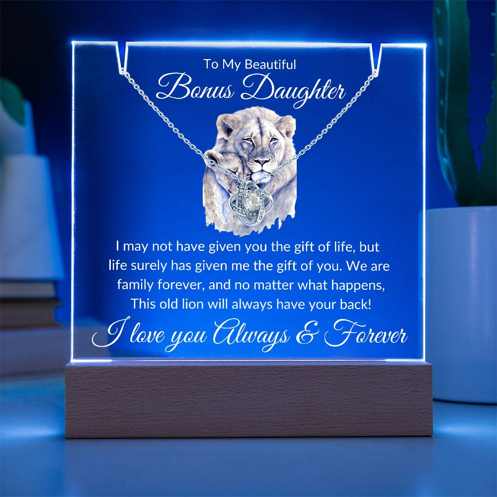 Unique Gift for Bonus Daughter - This Old Lion Acrylic Plaque Bundle LED Corded Base / 14K White Gold Finish Jewelry Giftinum
