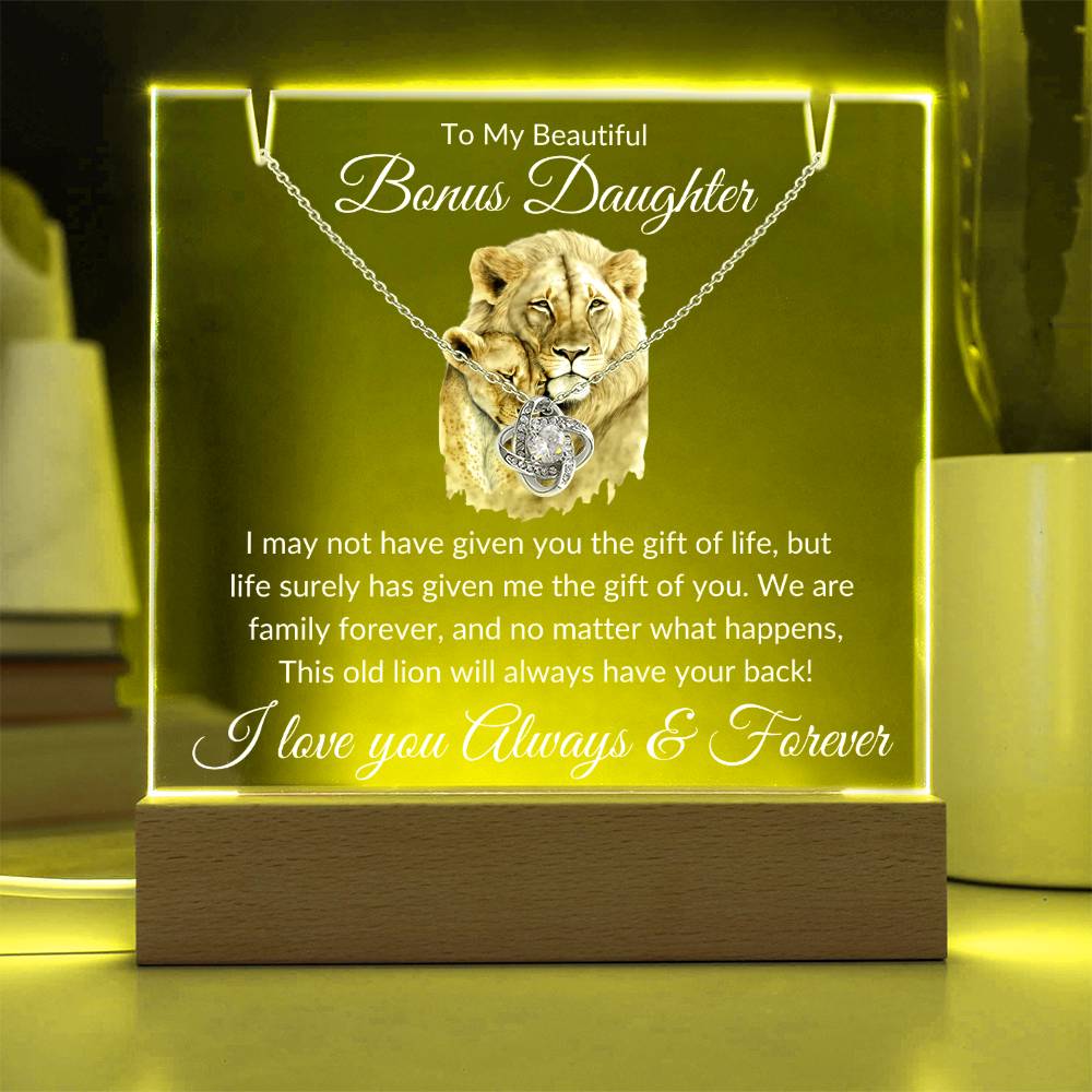 Unique Gift for Bonus Daughter - This Old Lion Acrylic Plaque Bundle LED Corded Base / 14K White Gold Finish Jewelry Giftinum