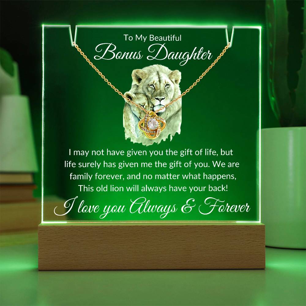Unique Gift for Bonus Daughter - This Old Lion Acrylic Plaque Bundle LED Corded Base / 14K White Gold Finish Jewelry Giftinum