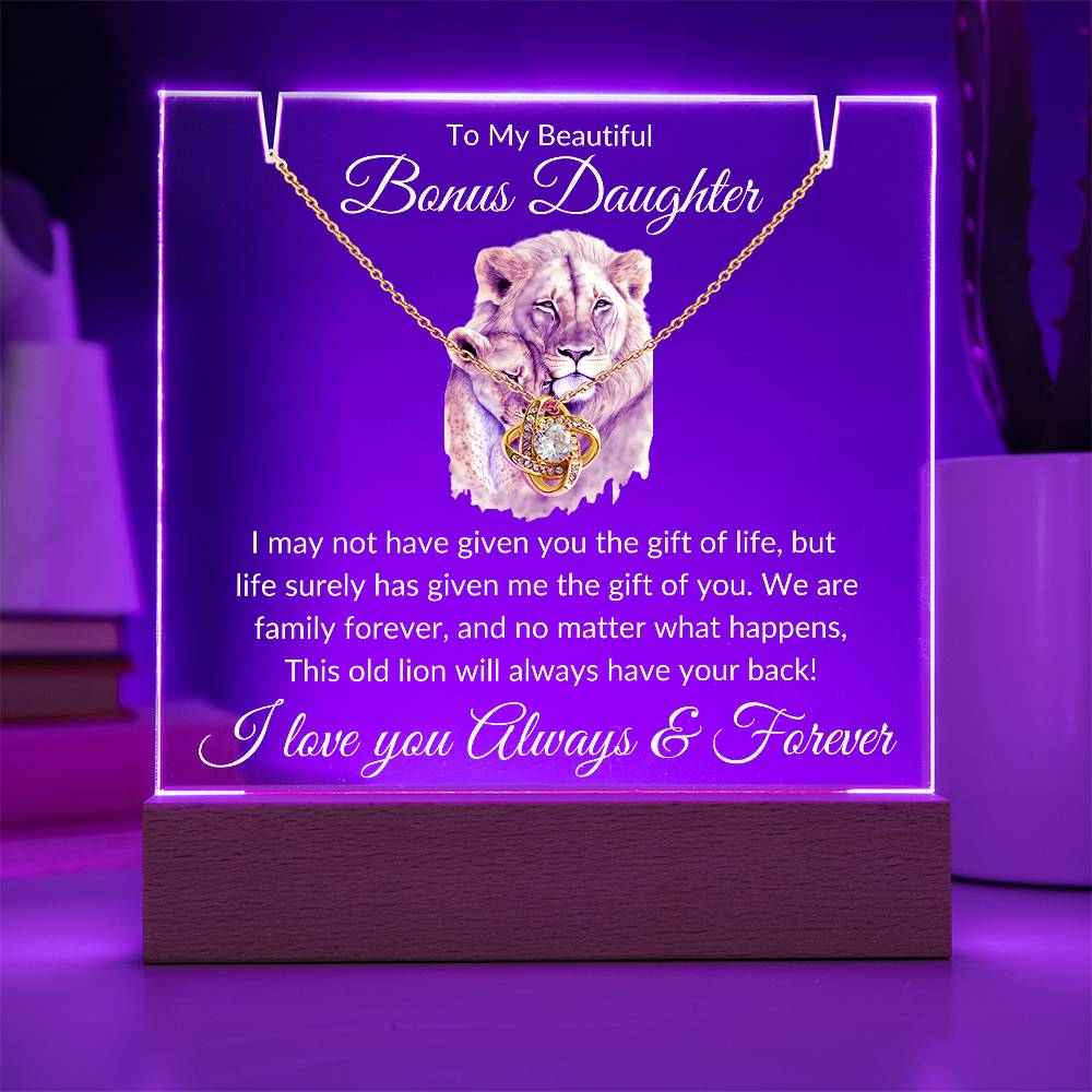 Unique Gift for Bonus Daughter - This Old Lion Acrylic Plaque Bundle LED Corded Base / 14K White Gold Finish Jewelry Giftinum
