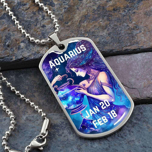Aquarius Zodiac Dog Tag Necklace Military Chain (Silver) / No Jewelry Giftinum