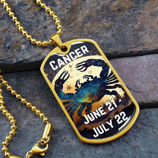 Cancer Zodiac Dog Tag Necklace Military Chain (Gold) / No Jewelry Giftinum