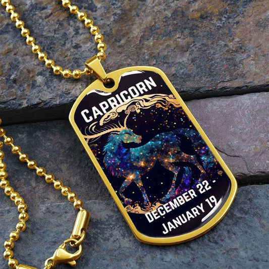 Capricorn Zodiac Dog Tag Necklace Military Chain (Gold) / No Jewelry Giftinum