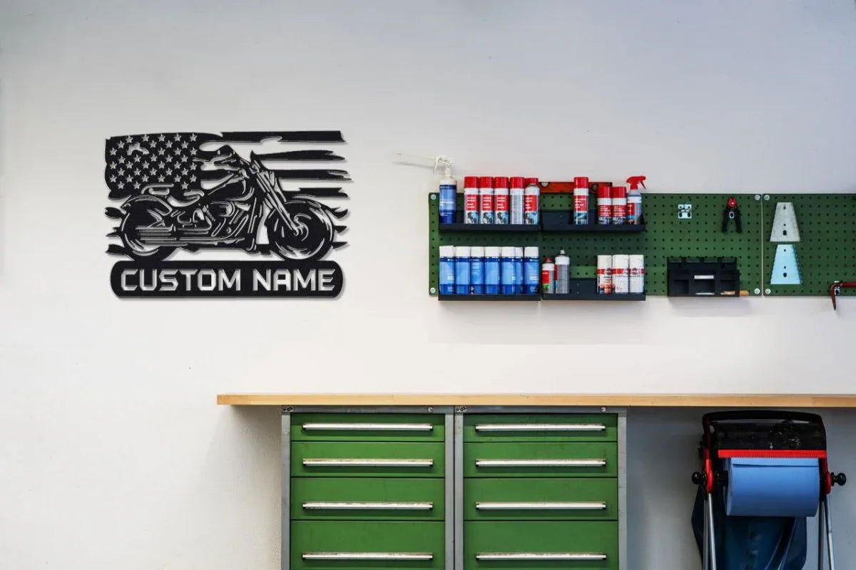 Custom Metal Biker Sign with American Flag Detail - Giftinum