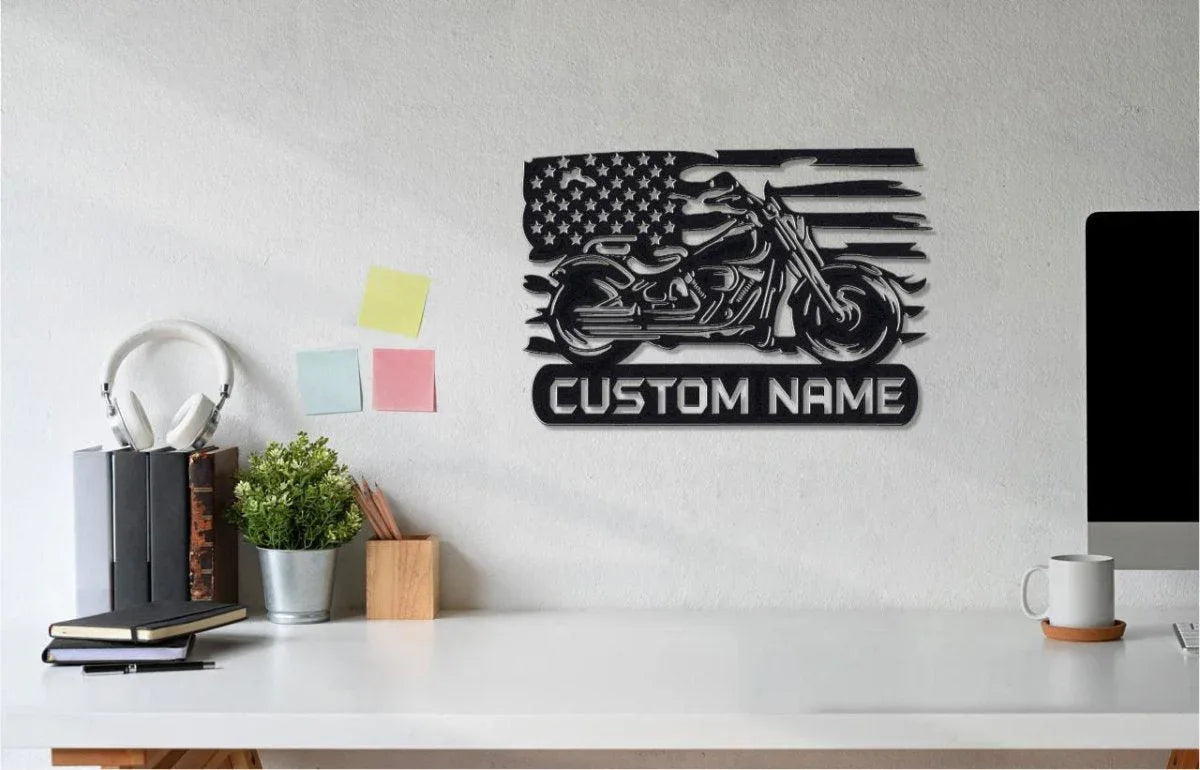 Custom Metal Biker Sign with American Flag Detail - Giftinum