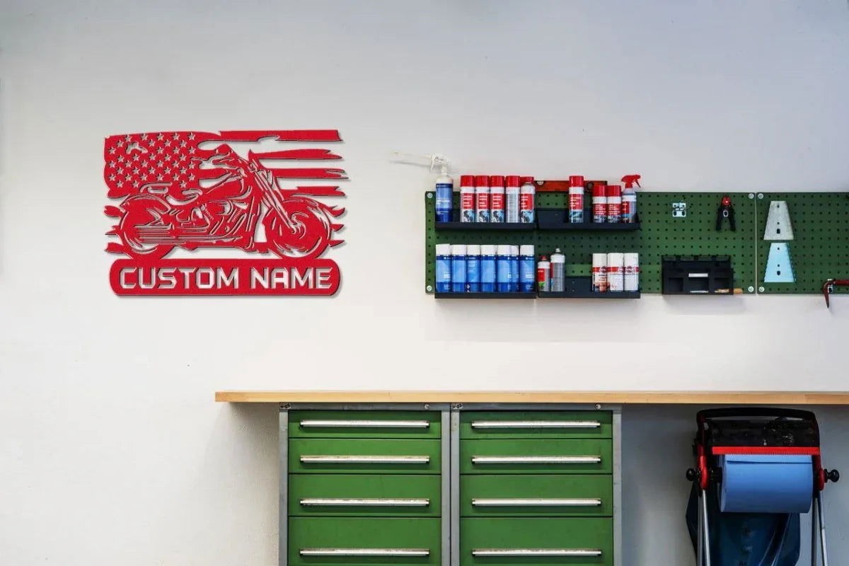 Custom Metal Biker Sign with American Flag Detail - Giftinum