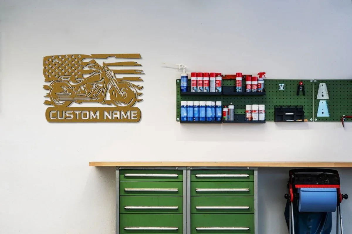 Custom Metal Biker Sign with American Flag Detail - Giftinum