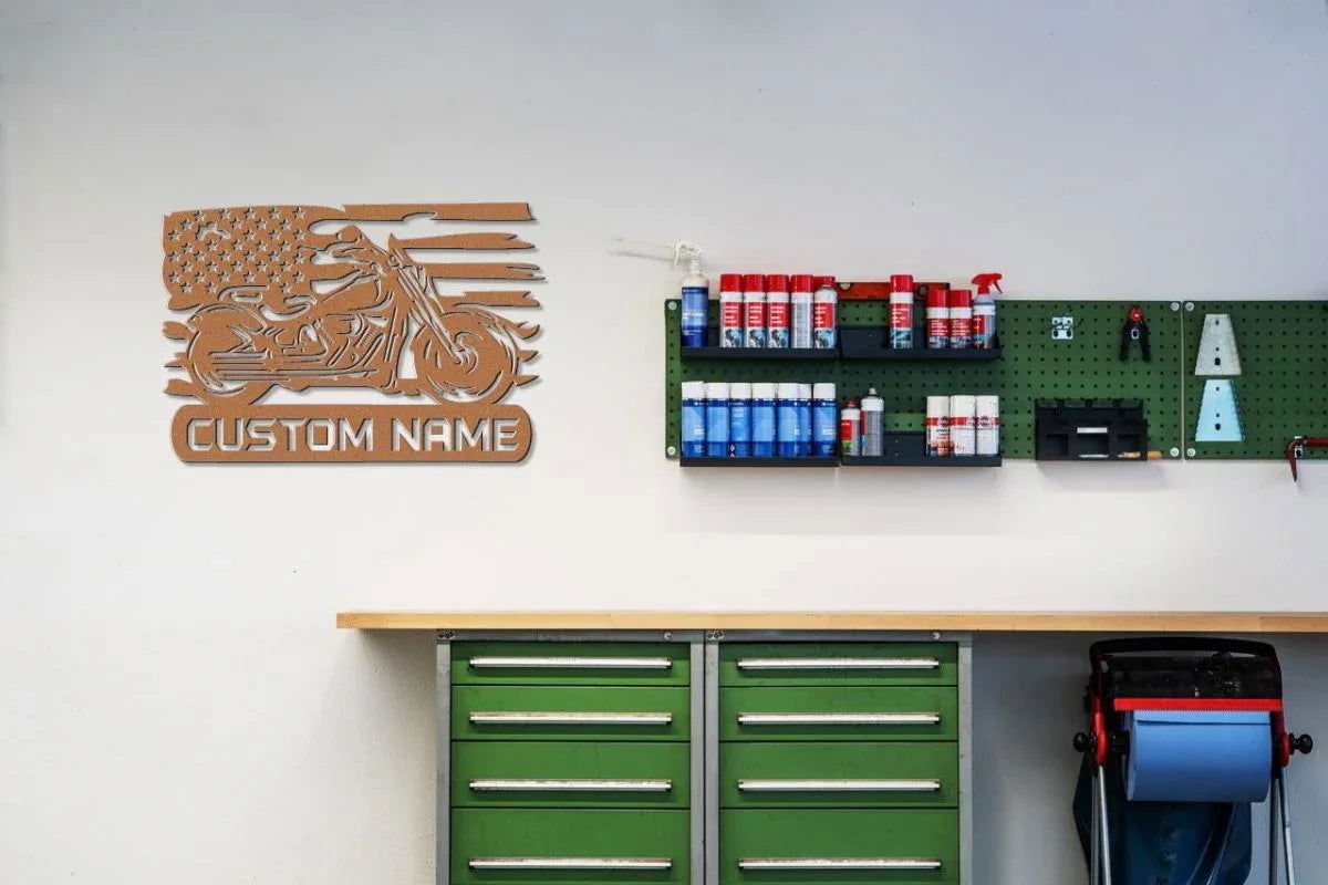 Custom Metal Biker Sign with American Flag Detail - Giftinum