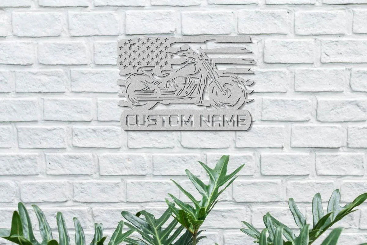 Custom Metal Biker Sign with American Flag Detail - Giftinum